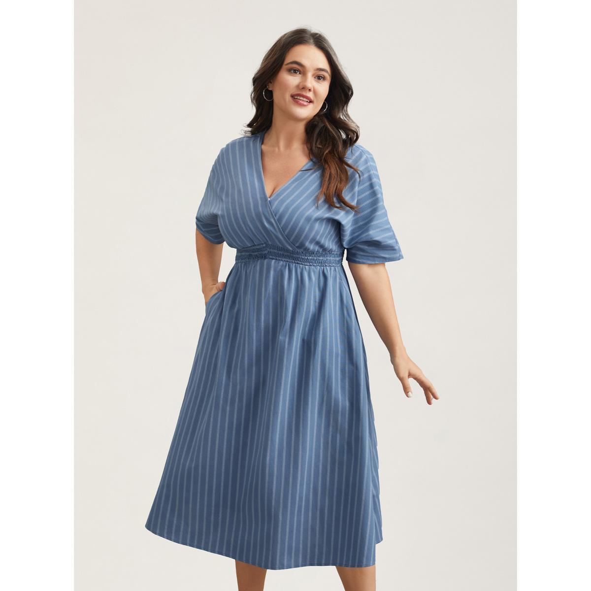 Plus Size Striped Surplice Neckline Shirred Midi Dress Stone Women Casual Shirred Overlap Collar Short sleeve Curvy BloomChic 14-16/1X Product Image