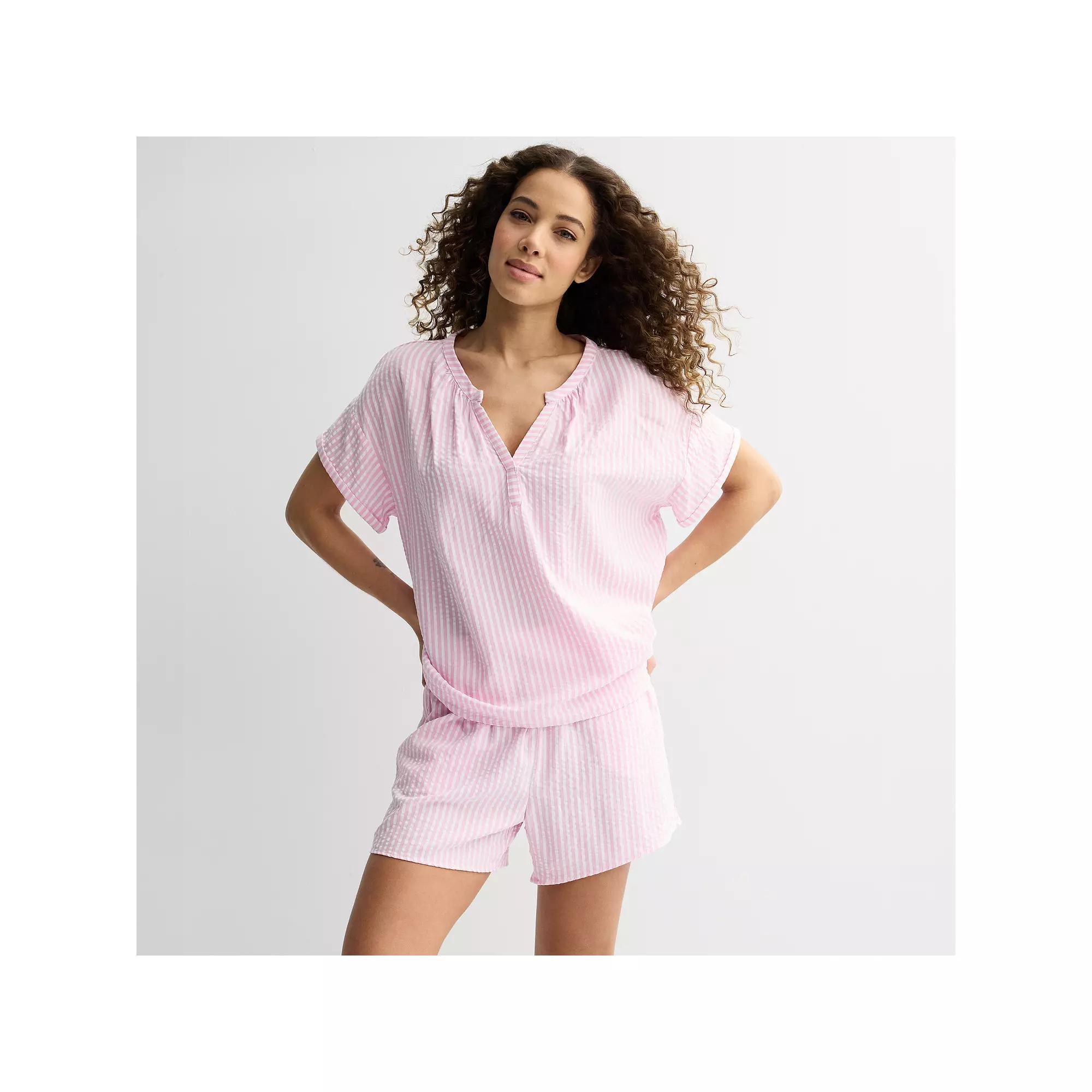 Women's Draper James 2-Piece Seersucker Short Sleeve Pajama Top & Pajama Shorts Set, Size: XS, Pink Stripe Product Image