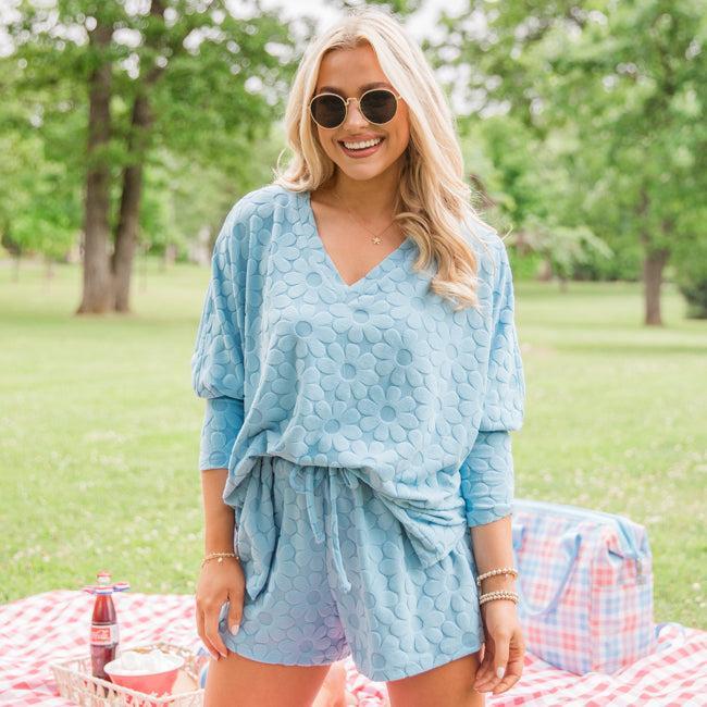 No Complaints Light Blue Floral Terry Cloth Top SALE Product Image
