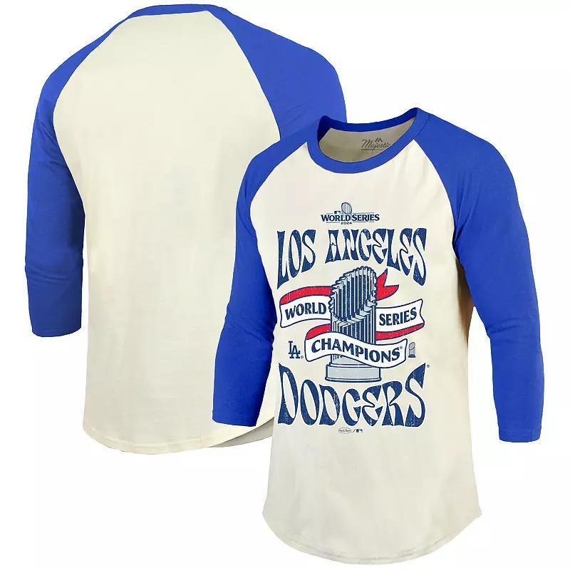 Men's Majestic Threads Cream/Royal Los Angeles Dodgers 2024 World Series Champions 3/4-Sleeve Raglan Tri-Blend T-Shirt, Size: 3XL, Beige Product Image