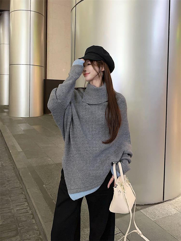 Turtleneck Batwing Sleeve Drop Shoulder Sweater / Mid Waist Flared Jeans Product Image