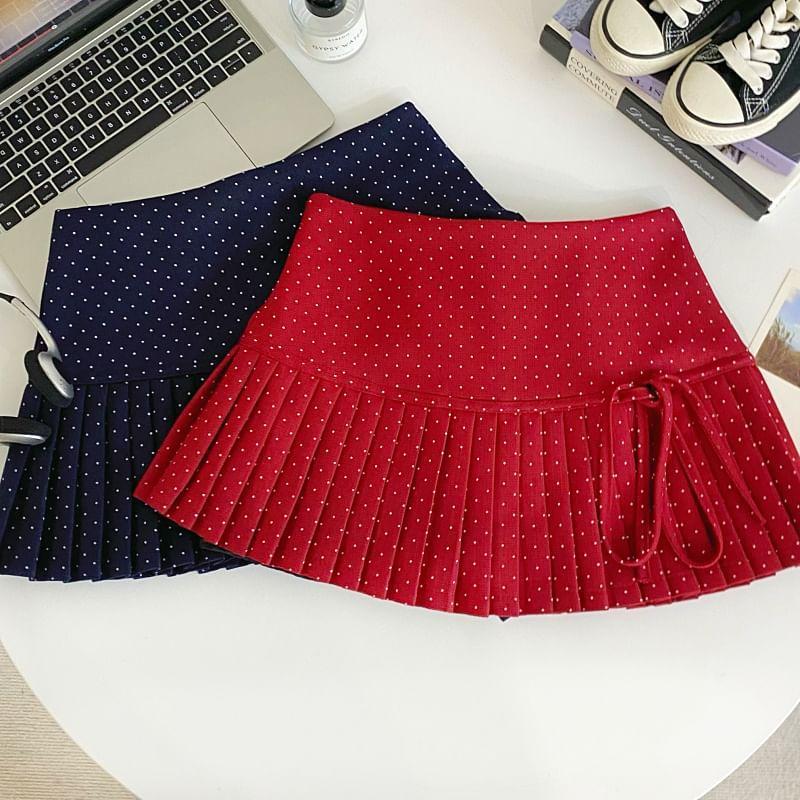 High Rise Dotted Bow Accent Pleated Mini A-Line Skirt Product Image