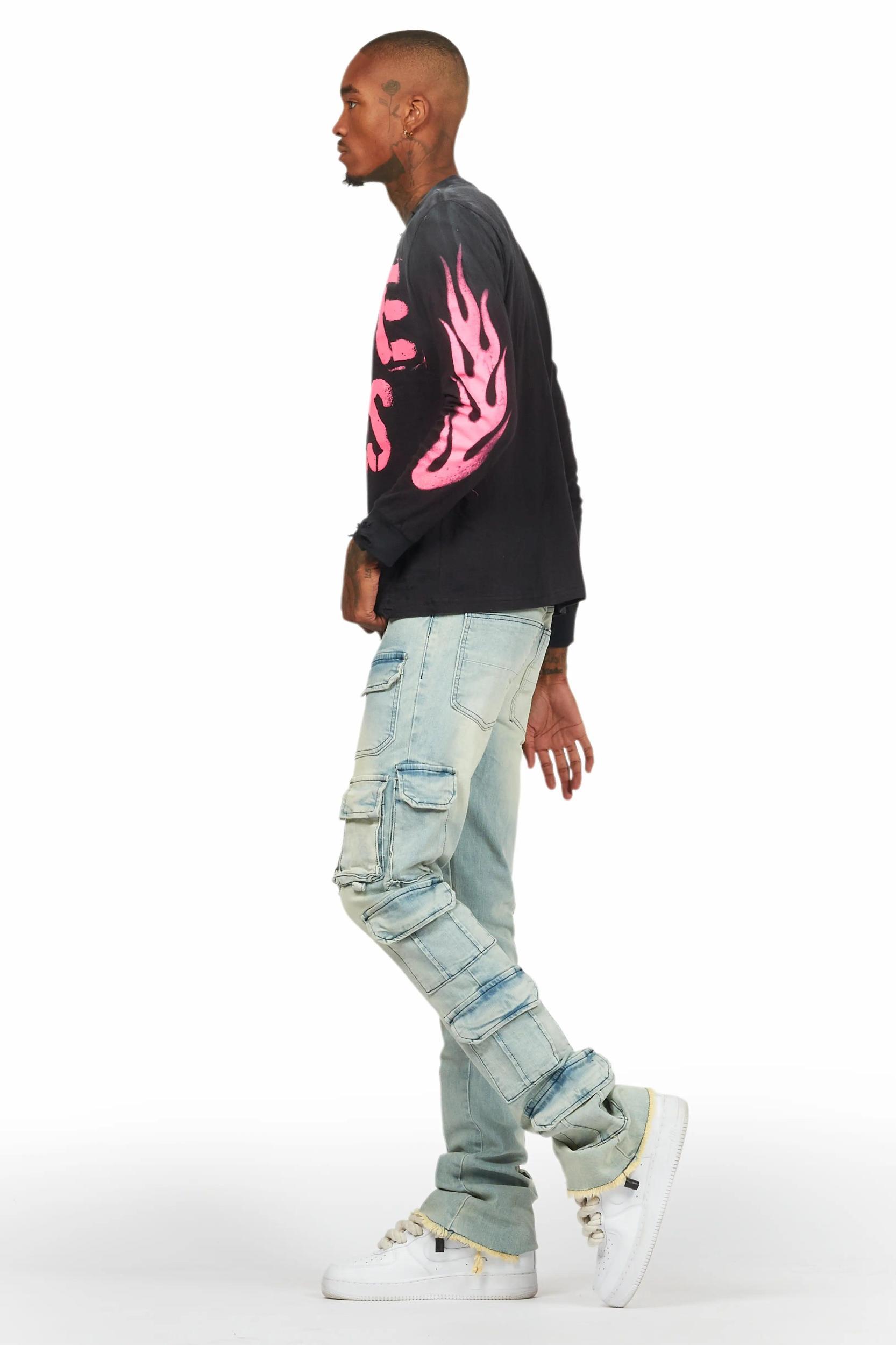 Valery Blue Stacked Flared Cargo Jean Male Product Image