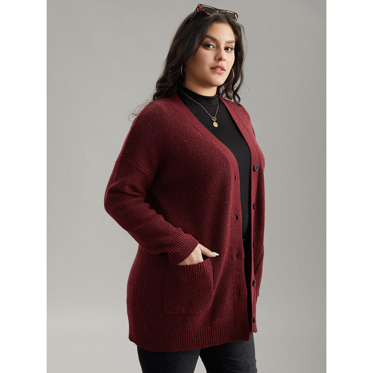 Plus Size Plisse Plain Button Fly Patched Pocket Cardigan Scarlet Women Casual Loose Long Sleeve Everyday Cardigans BloomChic 14-16/1X Product Image