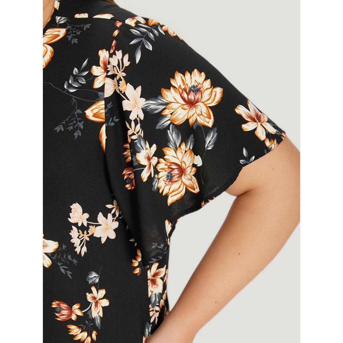 Plus Size Floral Print Surplice Neck Ruffle Sleeve Bodysuit Women Black Floral Bodysuits BloomChic 28/5X Product Image