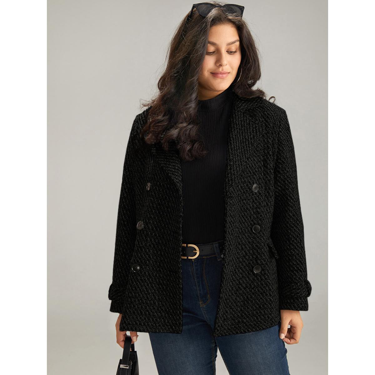 Plus Size Tweed Lapel Collar Button Up Pocket Coat Women BlackFlower Elegant Texture Ladies Everyday Winter Coats BloomChic 14-16/1X Product Image