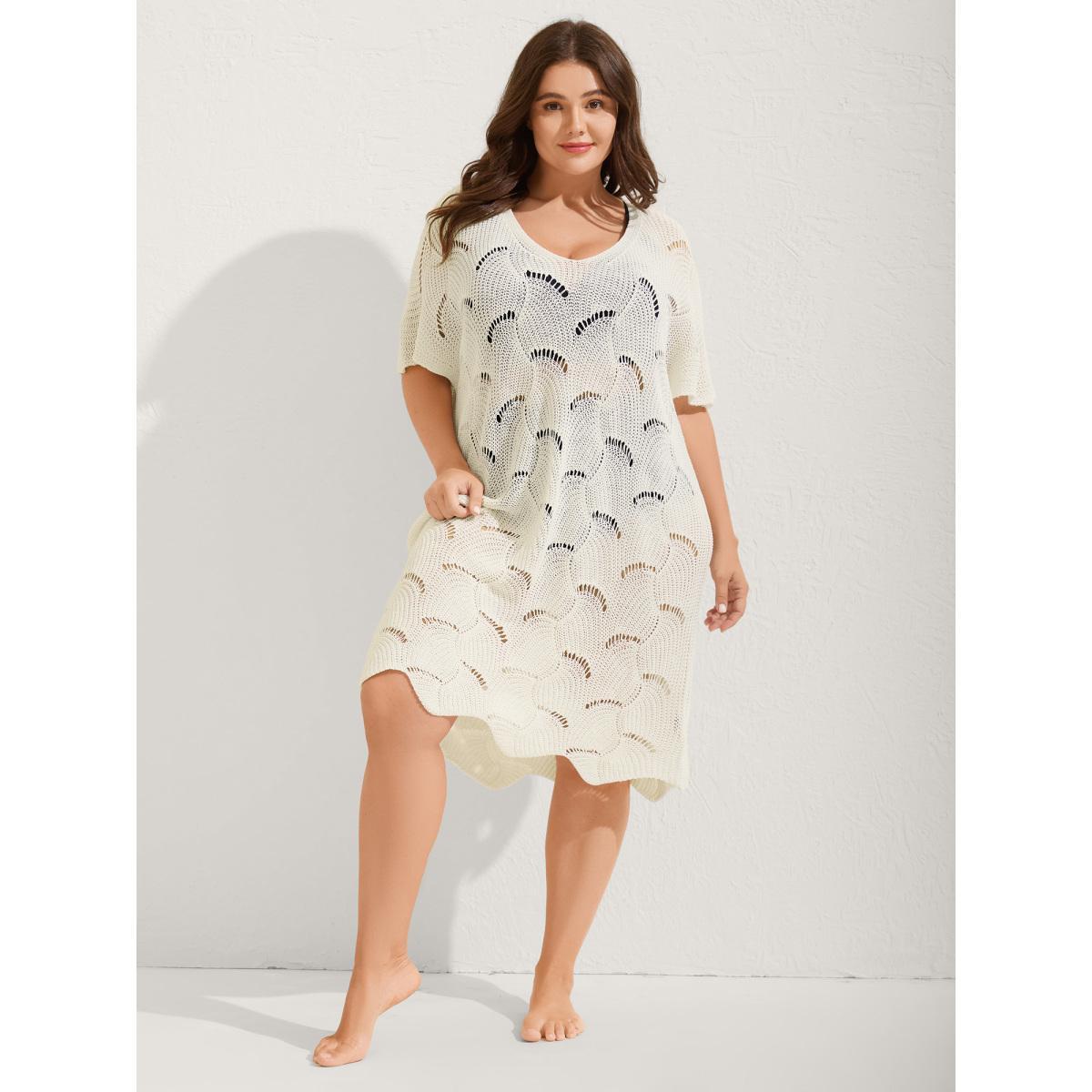 Plus Size Cut-Out Solid V-Neck Swimsuit Coverup Women's Swimwear Ivory Beach Loose Texture Curve Swim Cover Ups BloomChic 18-20/2X Product Image