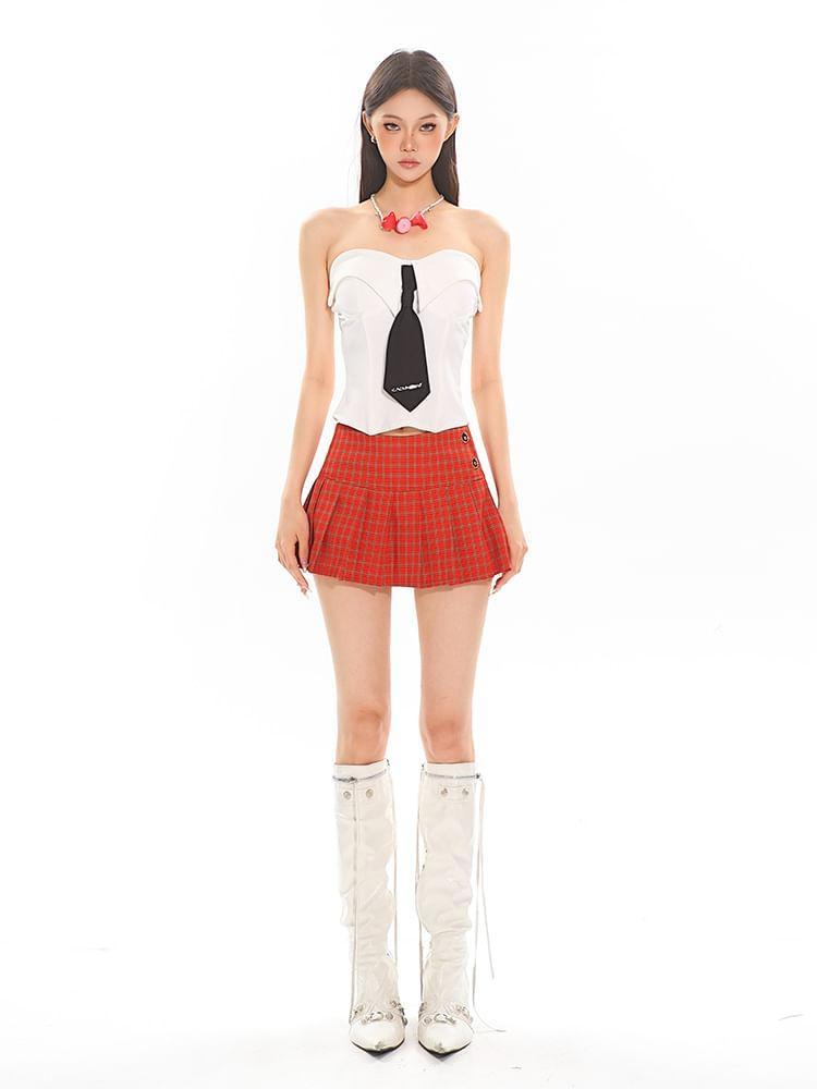 Mid Rise Plaid Pleated Mini A-Line Skirt Product Image