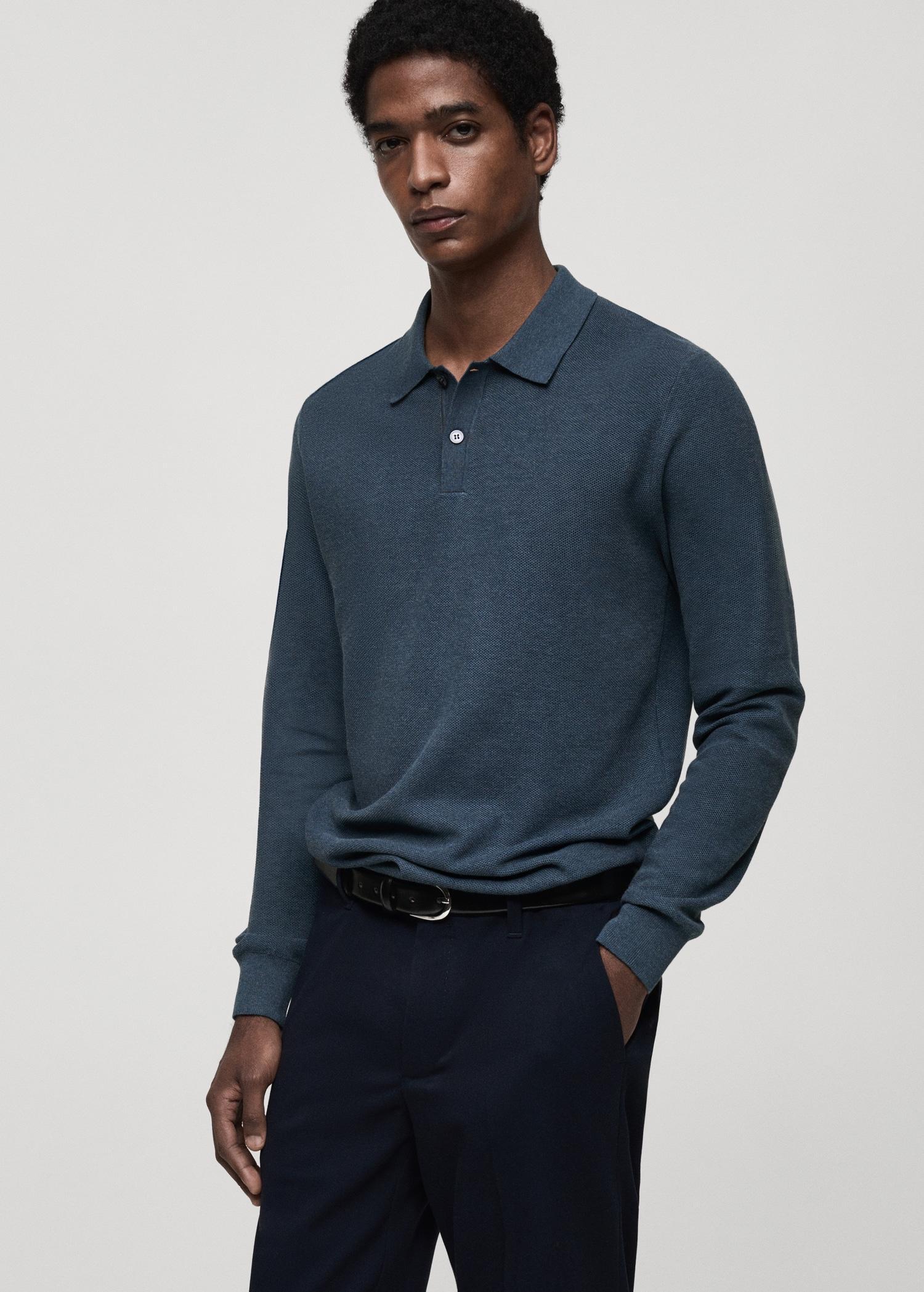 Micro-structured cotton knitted polo shirt - Men | MANGO USA Product Image