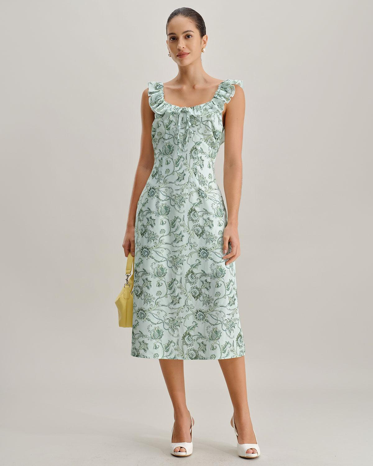 Green Floral Square Neck Ruched Midi Dress Product Image
