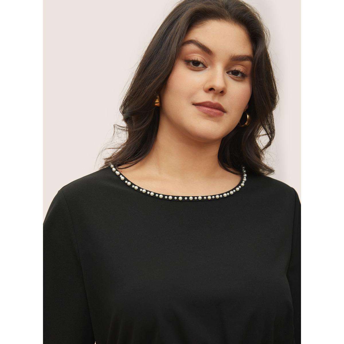 Plus Size Black Pearl Beaded Gathered Elastic Waist Blouse Women Elegant Short sleeve Round Neck Everyday Blouses BloomChic 12/L Product Image
