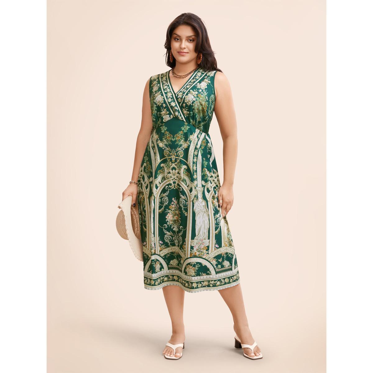 Plus Size V Neck Boho Print Sleeveless Midi Dress DarkGreen Women Elegant Gathered V-neck Sleeveless Curvy BloomChic 22-24/3X Product Image