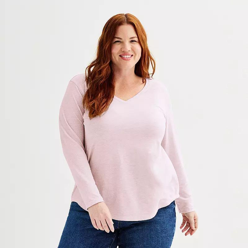 Plus Size Sonoma Goods For Life Everyday Long Sleeve V-Neck Tee, Womens Grey Product Image