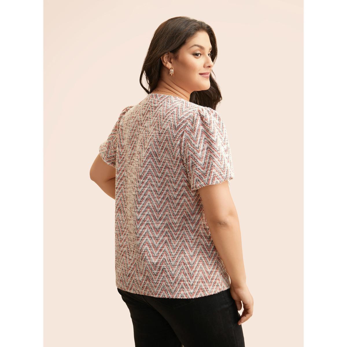 Plus Size Textured Round Neck Lantern Sleeve T-shirt Brightred Women Elegant Texture Round Neck Everyday T-shirts BloomChic 30/6X Product Image