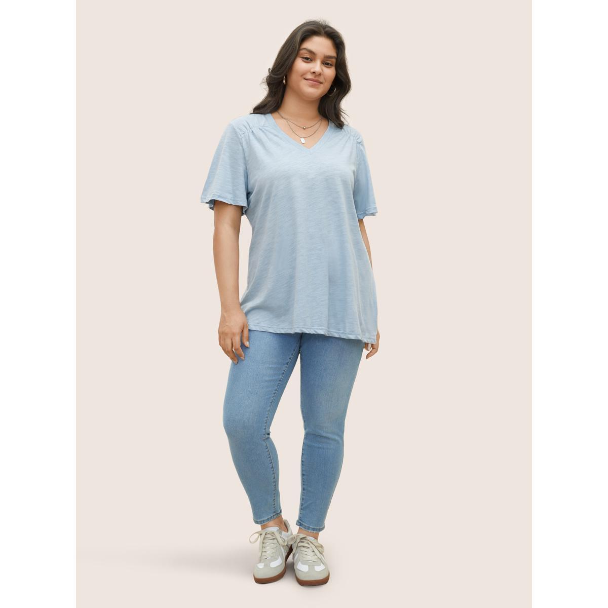 Plus Size Plain Ruffle Sleeve Heather V Neck T-shirt LightBlue Women Casual Plain V-neck Everyday T-shirts BloomChic 14-16/1X Product Image