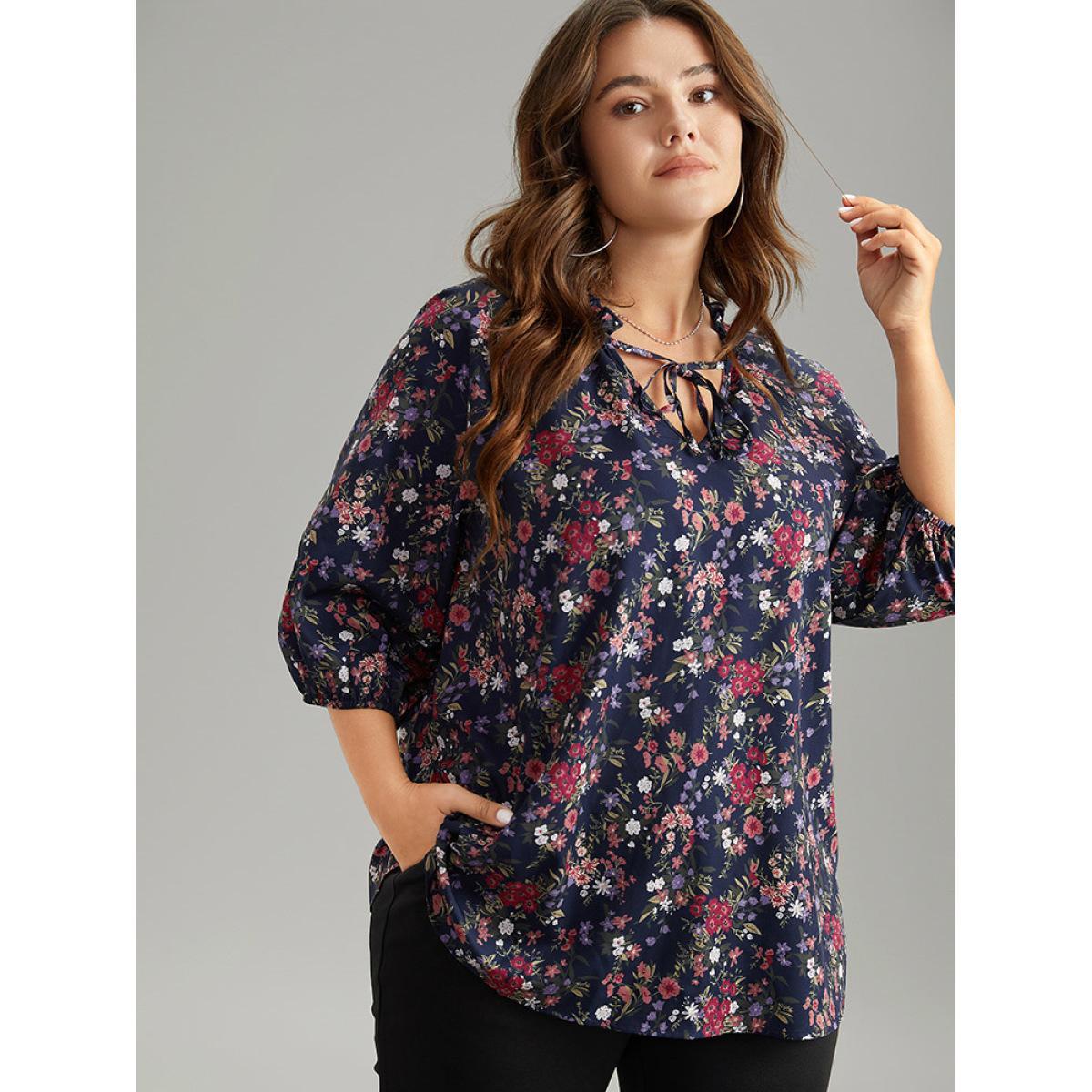 Plus Size Indigo Ditsy Floral Tie Neck Elastic Cuffs Blouse Women Elegant Elbow-length sleeve Tie Neck Dailywear Blouses BloomChic 14-16/1X Product Image