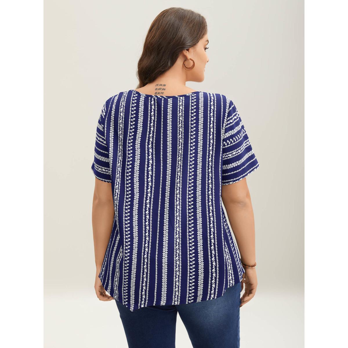 Plus Size DarkBlue Striped Overlap Print Curvy Hem Blouse Women Resort Short sleeve Round Neck Vacation Blouses BloomChic 12/L Product Image