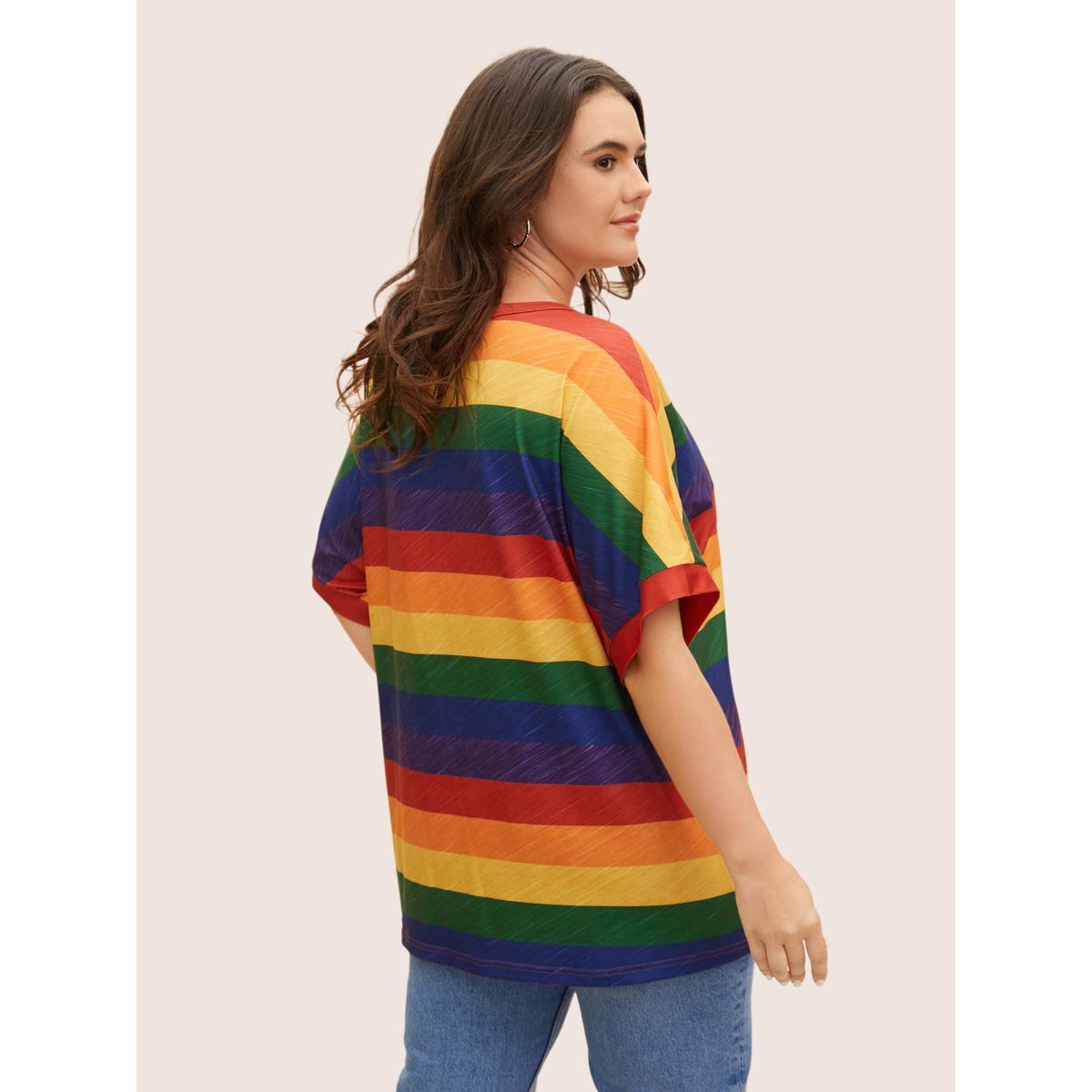 Plus Size Colored Striped Crew Neck Batwing Sleeve T-shirt Amber Women Casual Contrast Round Neck Everyday T-shirts BloomChic 14-16/1X Product Image