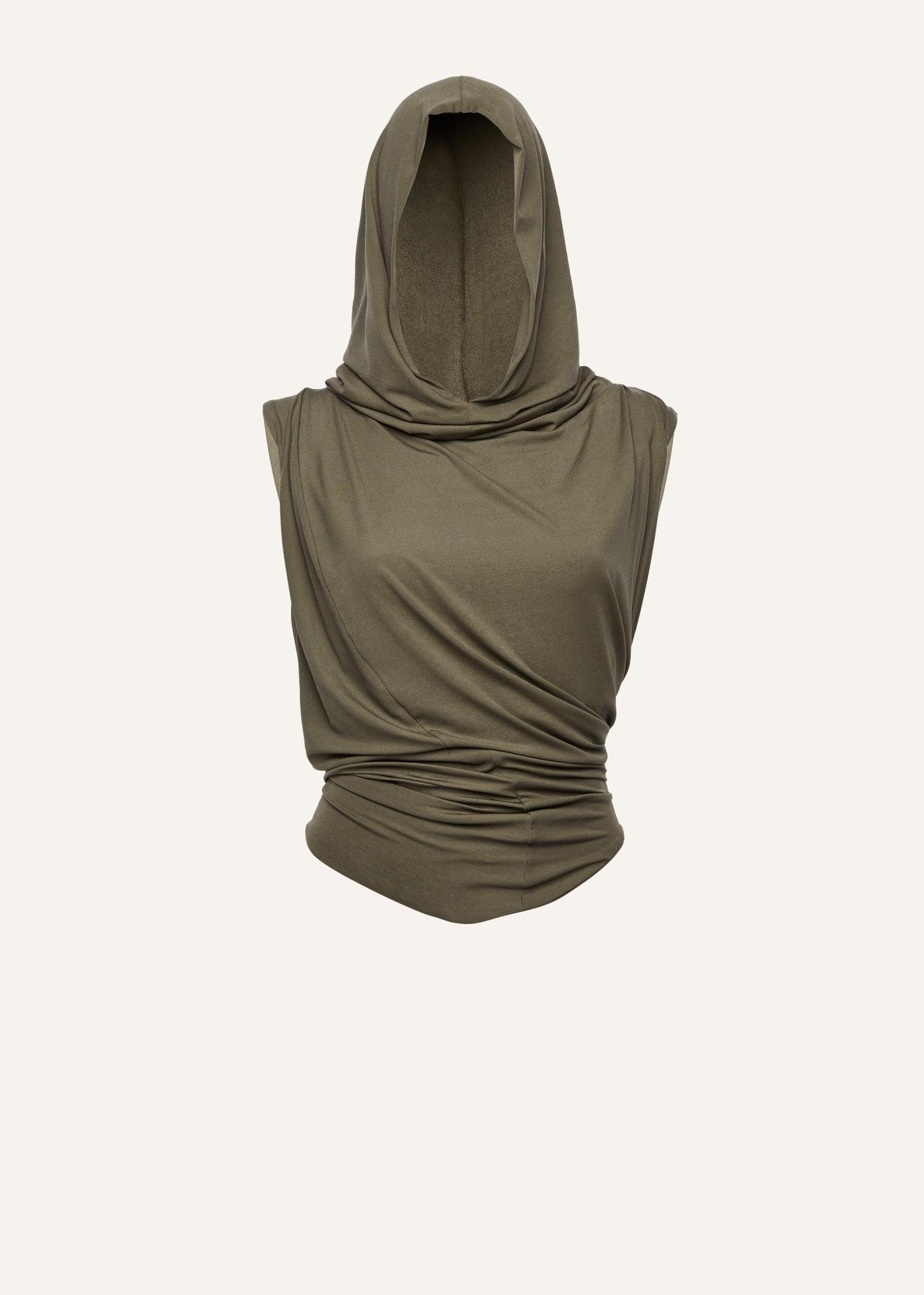 Hooded drape top in khaki Product Image