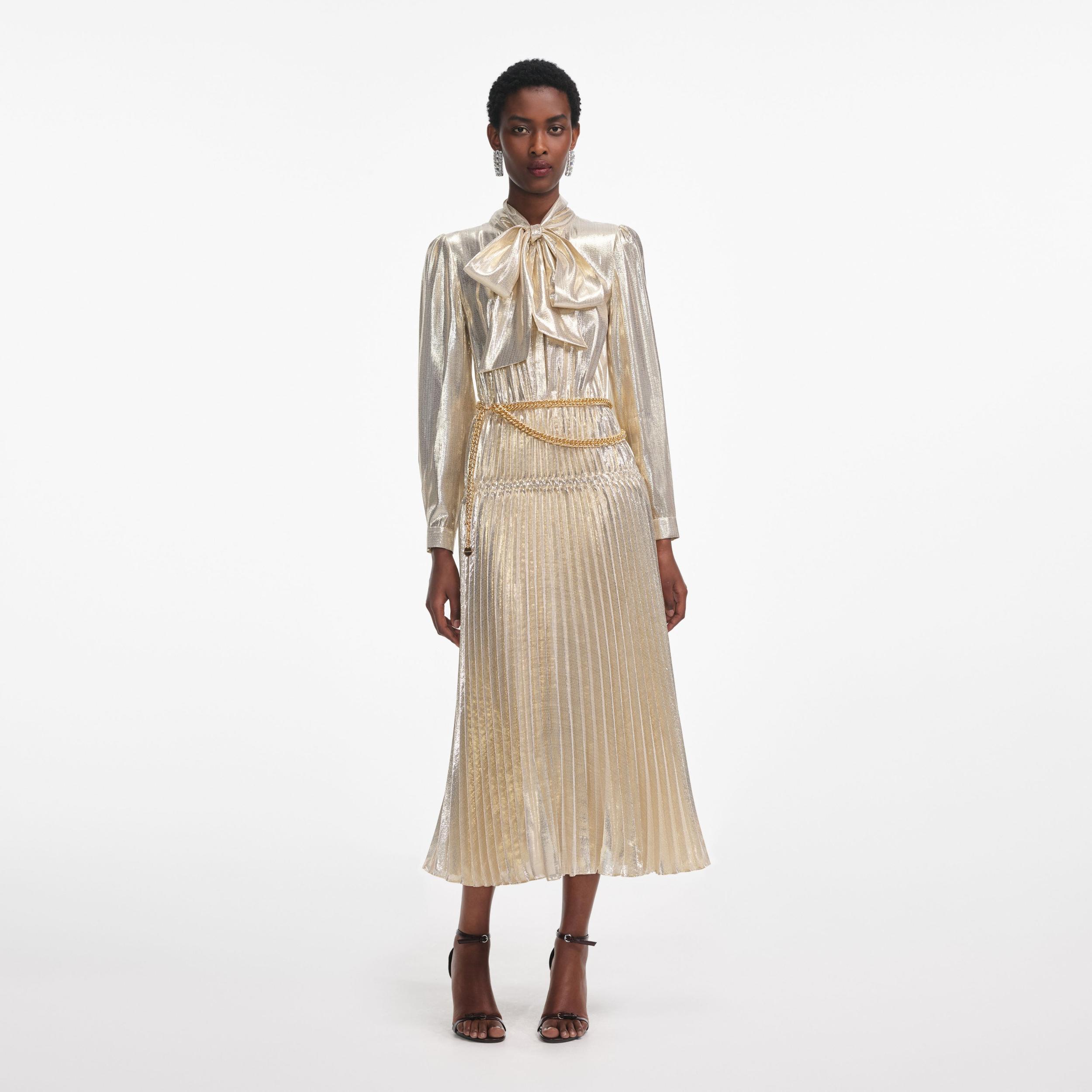 Gold Metallic Pussy Bow Midi Dress Product Image