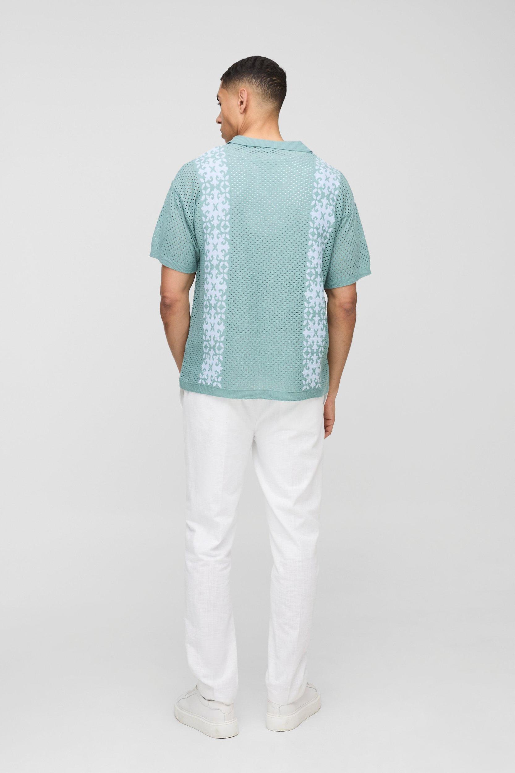 Relaxed Fit Crochet Look Border Stripe Knitted Shirt | boohooMAN USA Product Image