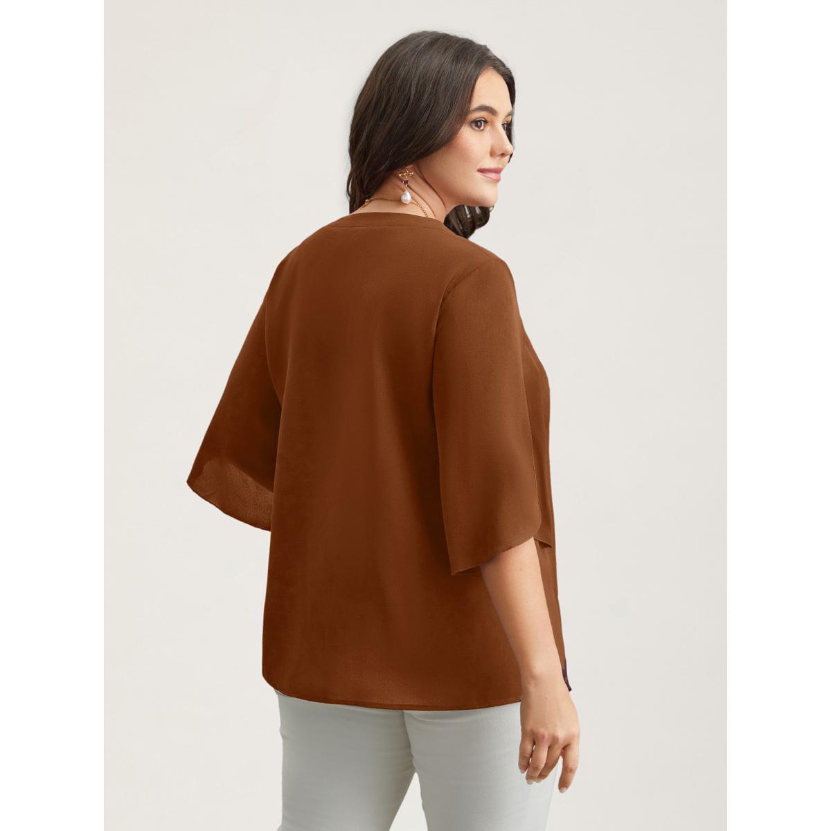 Plus Size Browncoffeecolor Petal Sleeve Toothpick Pleats Shirt Women At the Office Elbow-length sleeve Notched collar Work Blouses BloomChic 28/5X Product Image
