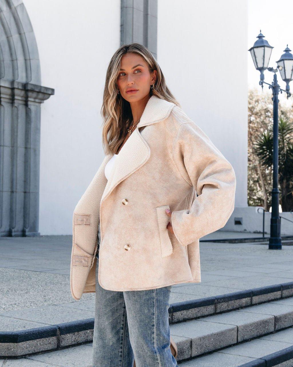 Muse By Magnolia Faux Suede Sherpa Jacket - Beige - FINAL SALE Female Product Image