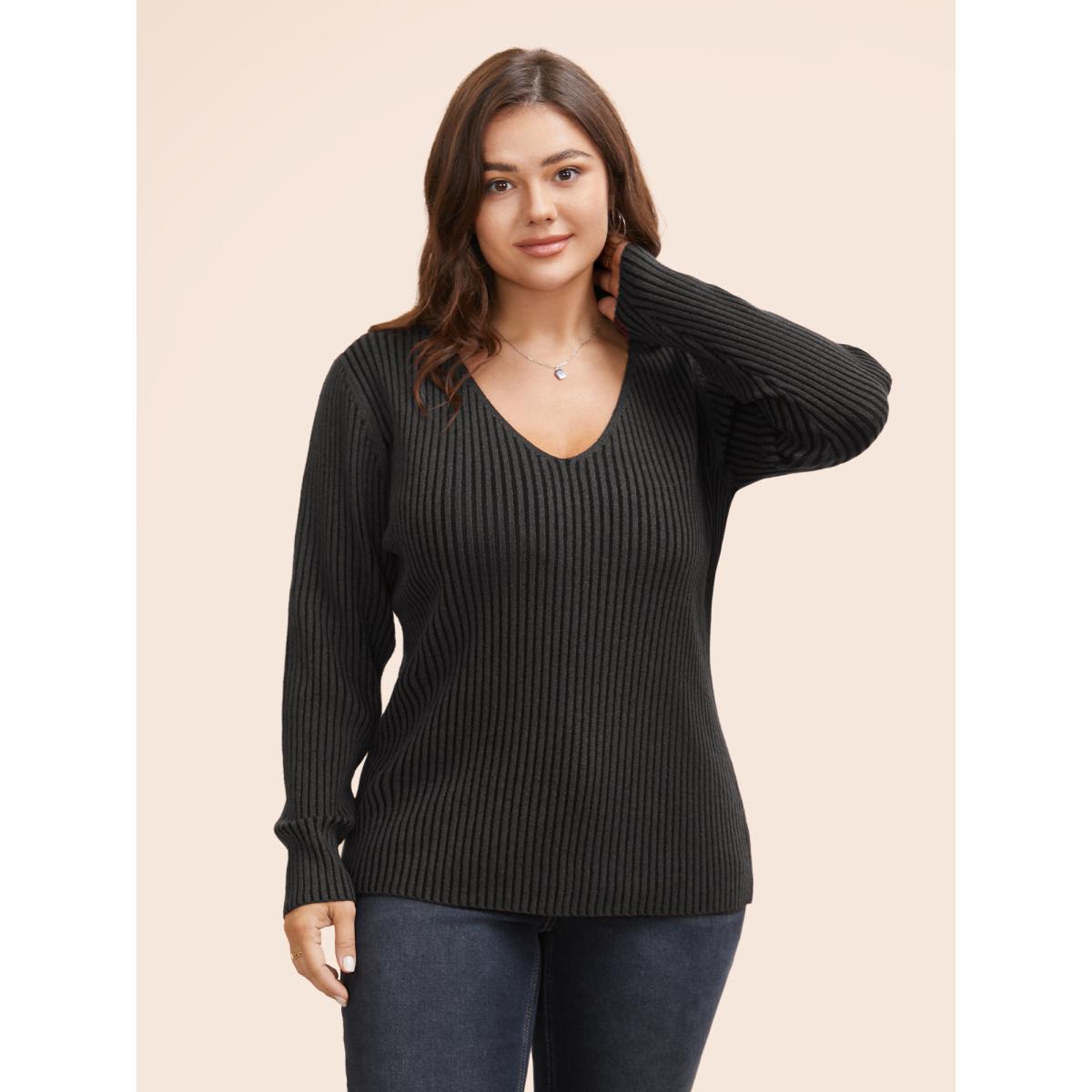 Plus Size Supersoft Essentials Texture V Neck Pullover DimGray Women Casual Skinny Long Sleeve V-neck Everyday Pullovers BloomChic 12/L Product Image