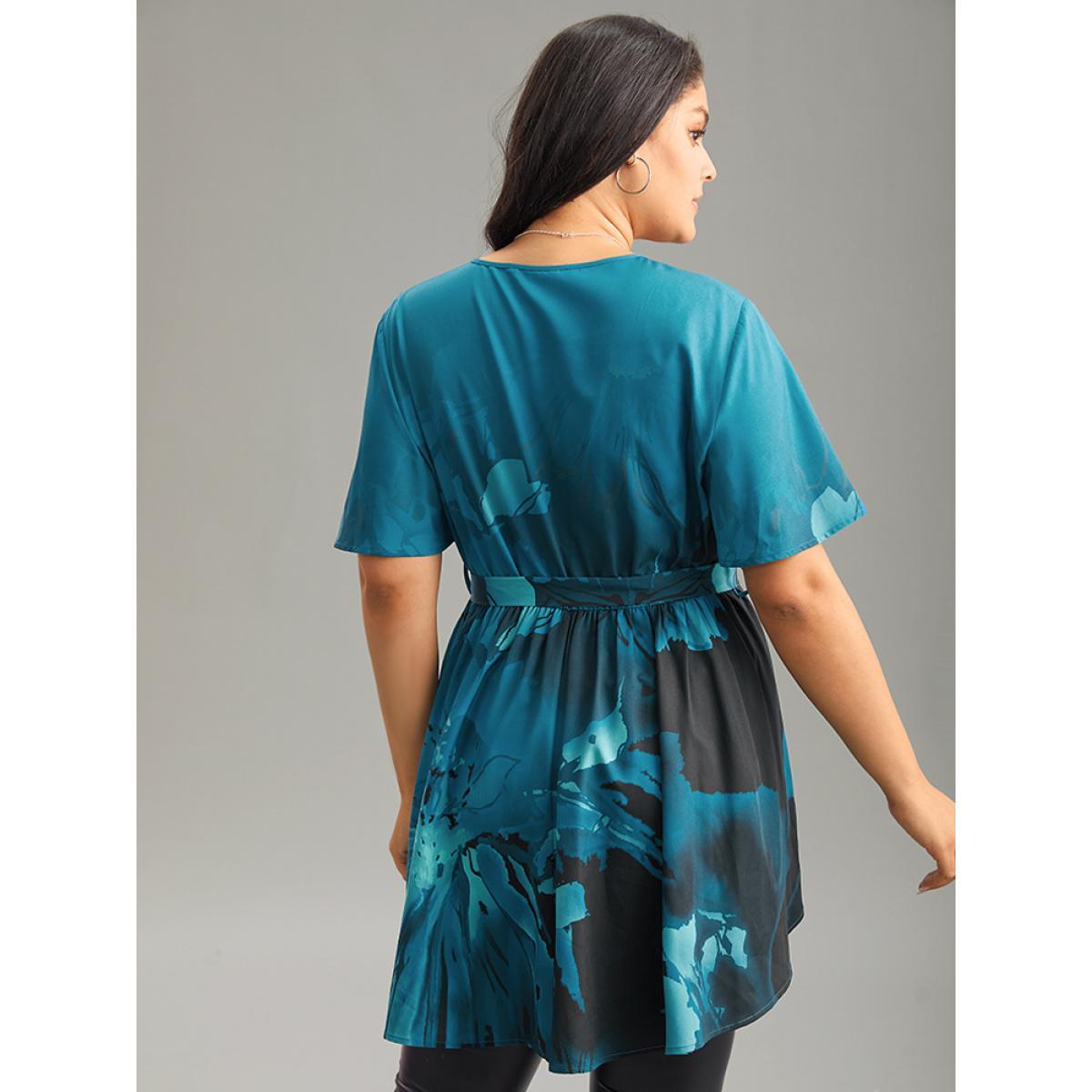 Plus Size Aegean Boho Print Wrap Ruffle Sleeve Blouse Women Elegant Short sleeve V-neck Dailywear Blouses BloomChic 18-20/2X Product Image