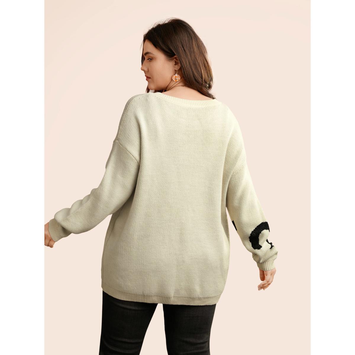Plus Size Mystic Cat Knit Crew Neck Pullover Originalwhite Women Casual Long Sleeve Round Neck Everyday Pullovers BloomChic 12/L Product Image