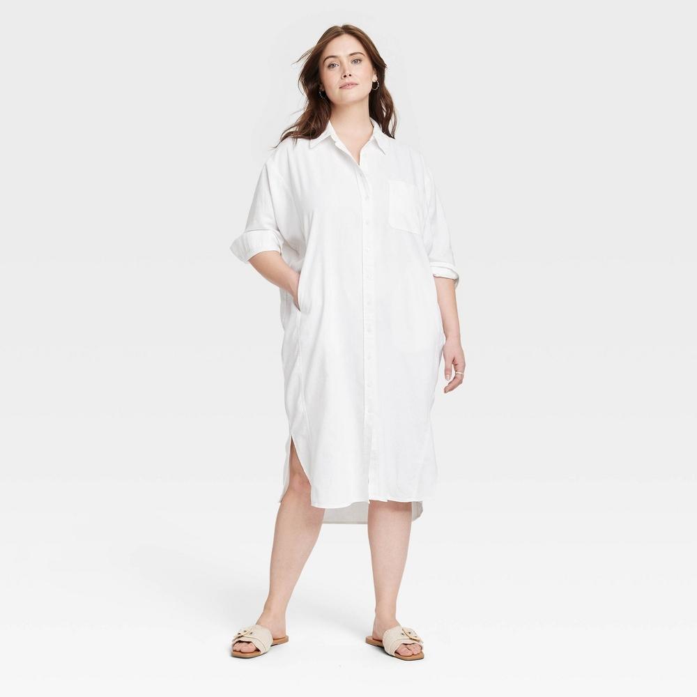 Womens 3/4 Sleeve Midi Shirtdress - Universal Thread White XXL: Linen Rayon Blend, Front Button Down Product Image