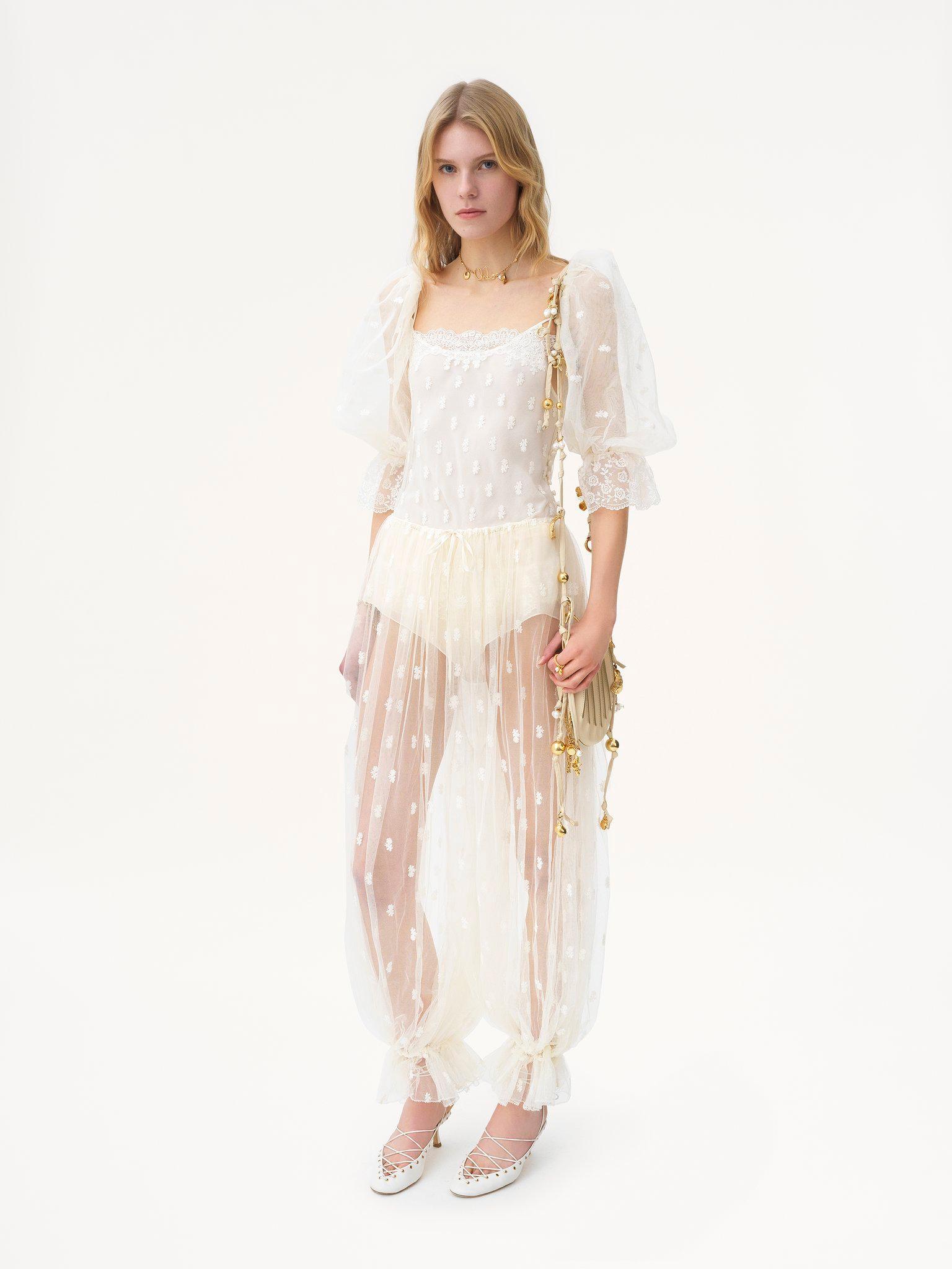 Drawstring pants in embroidered lace Product Image