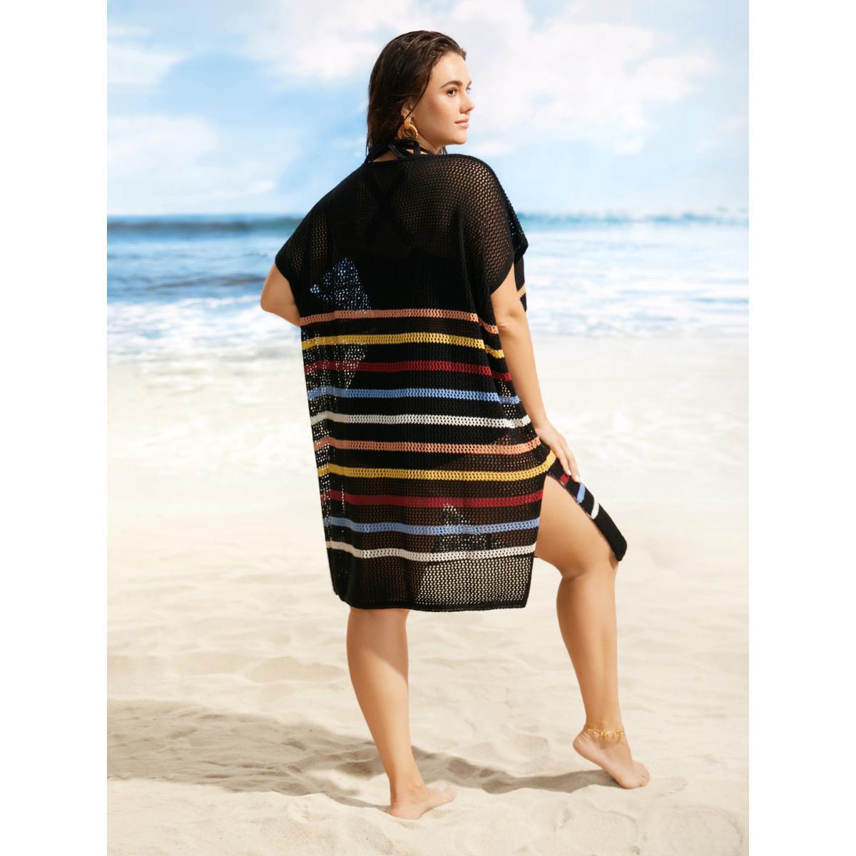 Plus Size Contrast Striped Batwing Sleeve Split Hem Swim Cover Up Women's Swimwear Black Beach Loose Texture Curve Swim Cover Ups BloomChic 30/6X Product Image
