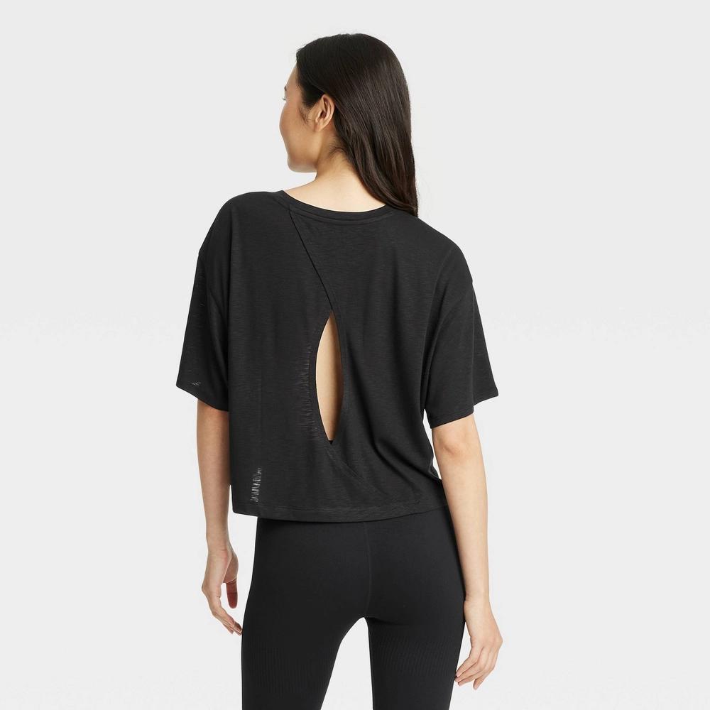 Women's Boxy Open Back Cropped Short Sleeve Shirt - JoyLab™ Black S Product Image