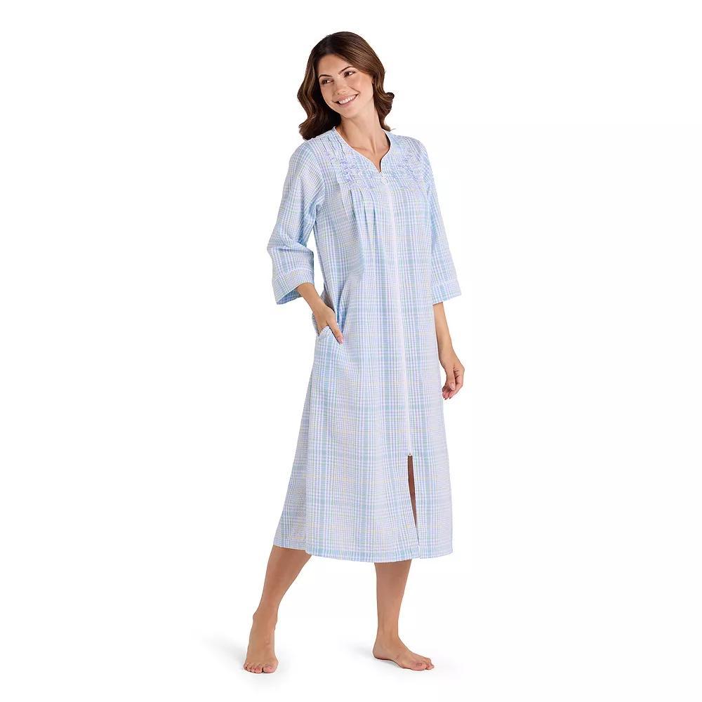 Women's Miss Elaine Essentials Seersucker Long Zip Robe, Size: XL, Blue Mint Check Product Image