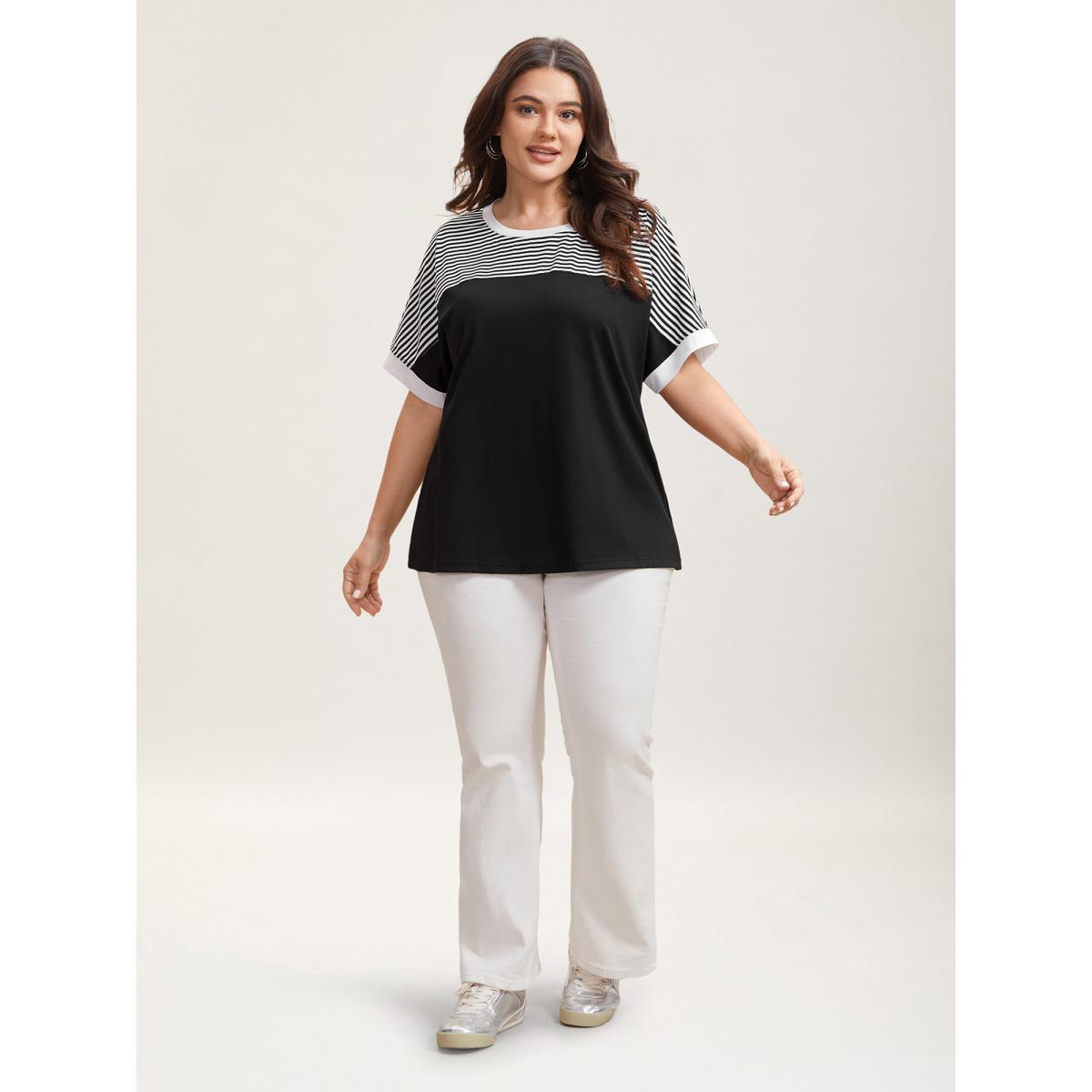 Plus Size Solid and Striped Contrast Hem T-Shirt Black Women Casual Contrast Round Neck Everyday T-shirts BloomChic 12/L Product Image