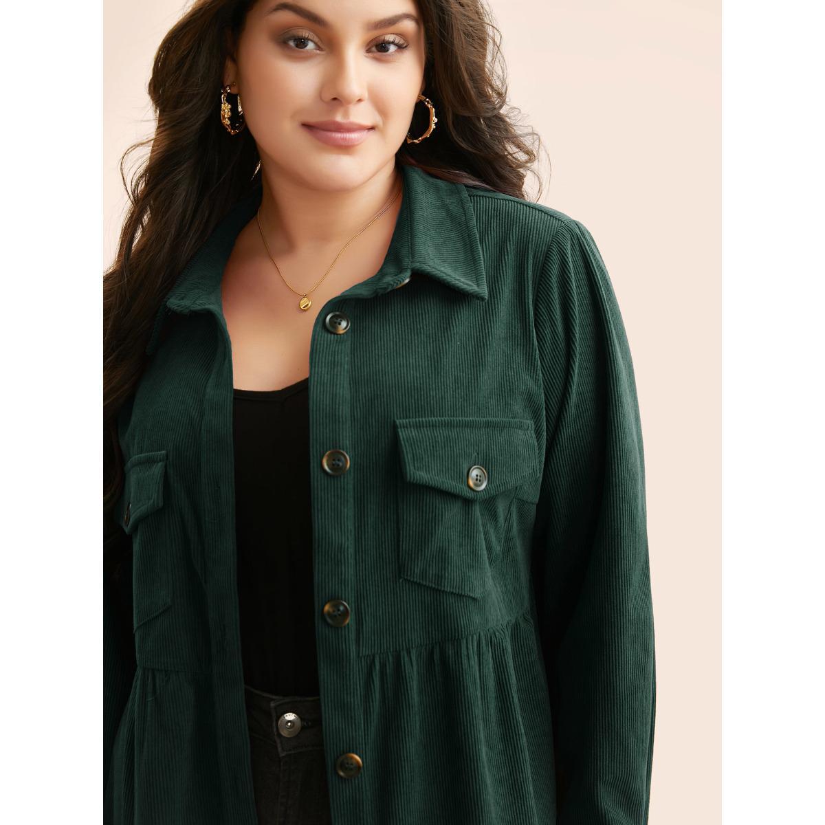 Plus Size Corduroy Collared Flap Detail Jacket Women DarkGreen Gathered Everyday Jackets BloomChic 30/6X Product Image