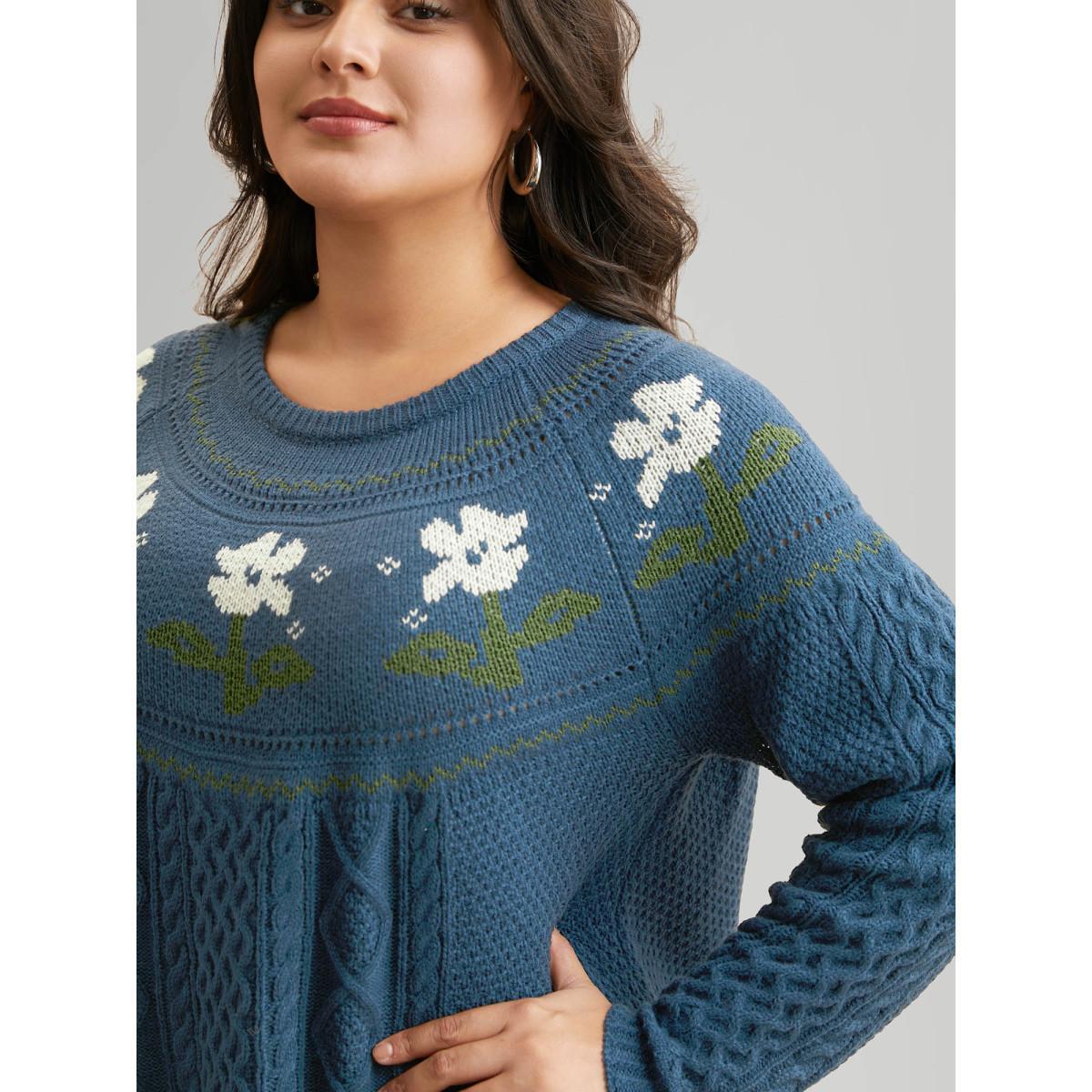 Plus Size Floral Jacquard Raglan Sleeve Pullover Cerulean Women Casual Long Sleeve Round Neck Everyday Pullovers BloomChic 14-16/1X Product Image