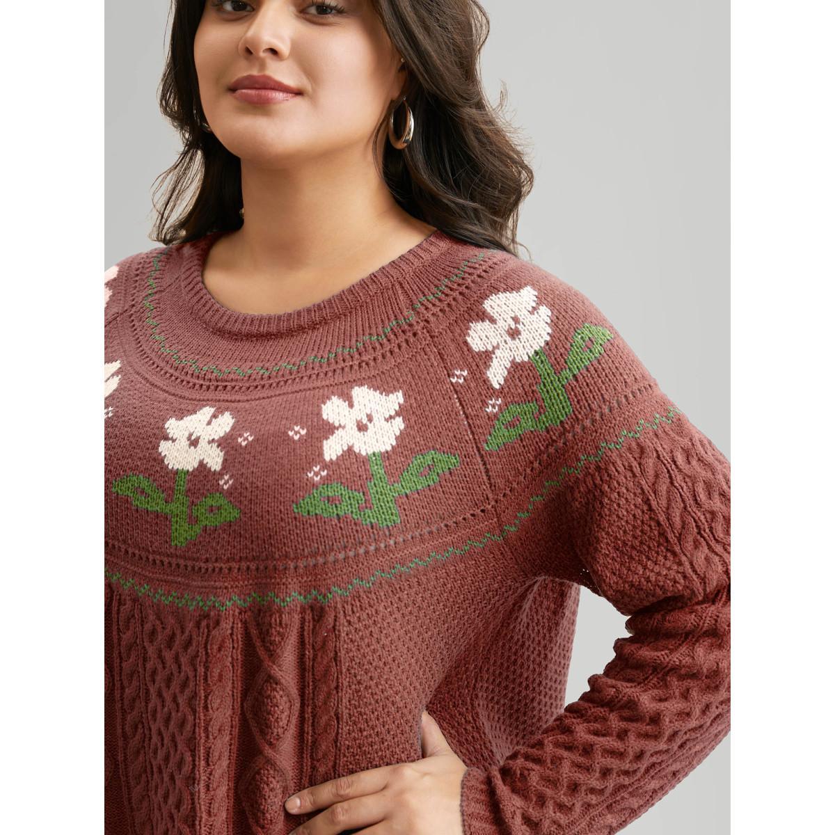 Plus Size Floral Jacquard Raglan Sleeve Pullover Russet Women Casual Long Sleeve Round Neck Everyday Pullovers BloomChic 10/M Product Image