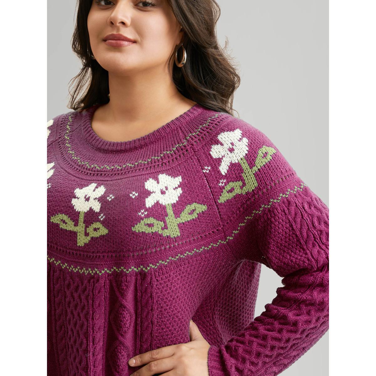 Plus Size Floral Jacquard Raglan Sleeve Pullover RedViolet Women Casual Long Sleeve Round Neck Everyday Pullovers BloomChic 26/4X Product Image