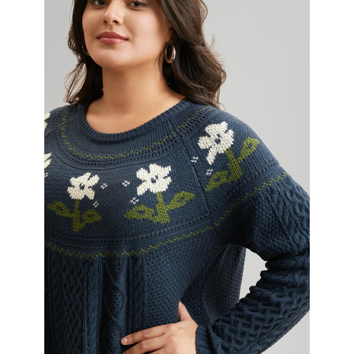 Plus Size Floral Jacquard Raglan Sleeve Pullover Indigo Women Casual Long Sleeve Round Neck Everyday Pullovers BloomChic 26/4X Product Image