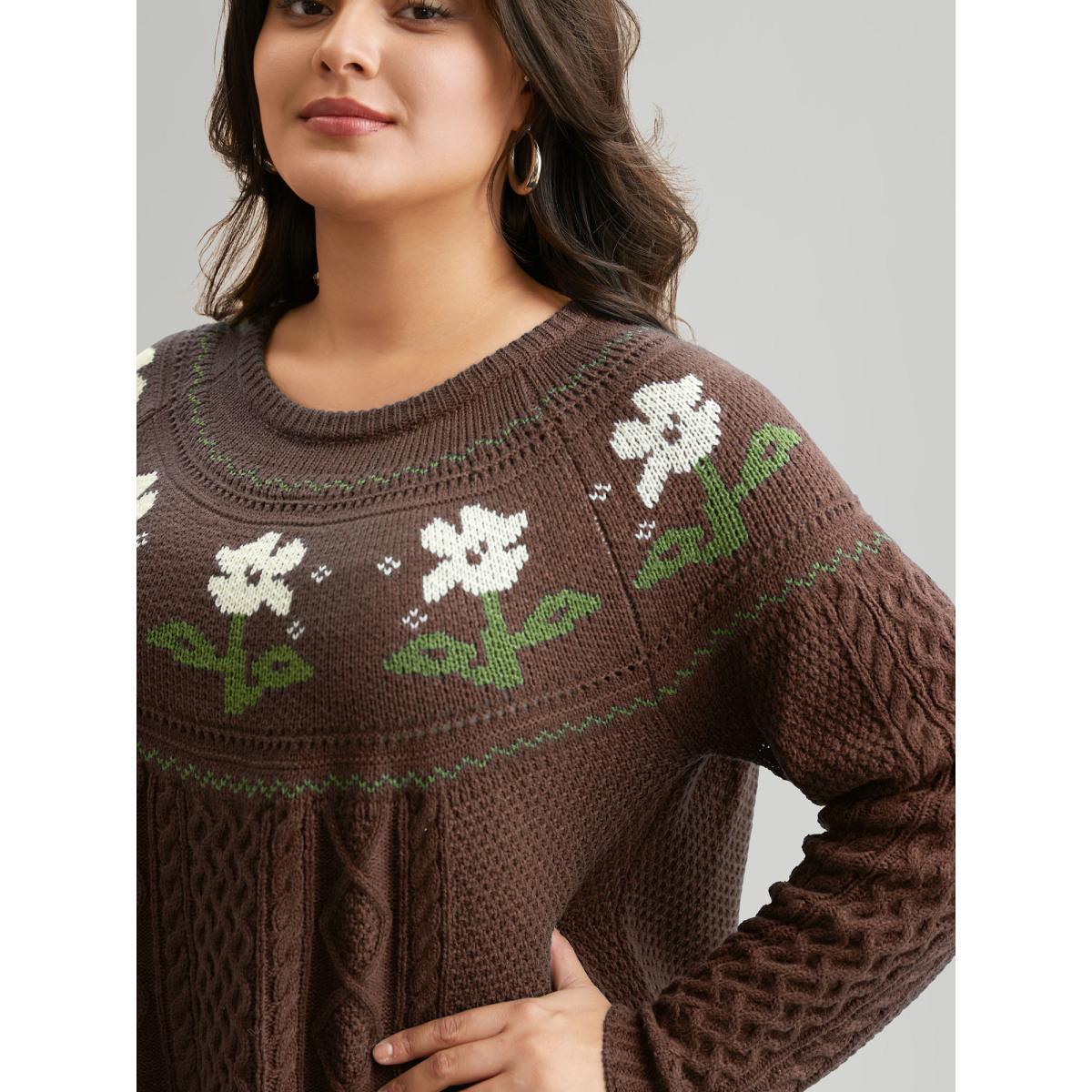 Plus Size Floral Jacquard Raglan Sleeve Pullover Deeppurple Women Casual Long Sleeve Round Neck Everyday Pullovers BloomChic 30/6X Product Image