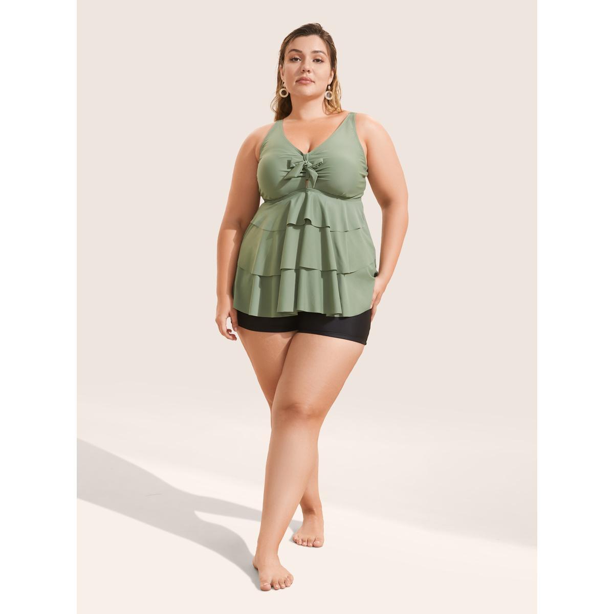 Plus Size Knotted Front Ruffle Tiered Tankini Top Women's Swimwear ArmyGreen Beach Ruffles High stretch Bodycon V-neck Curve Swim Tops BloomChic 12/L Product Image