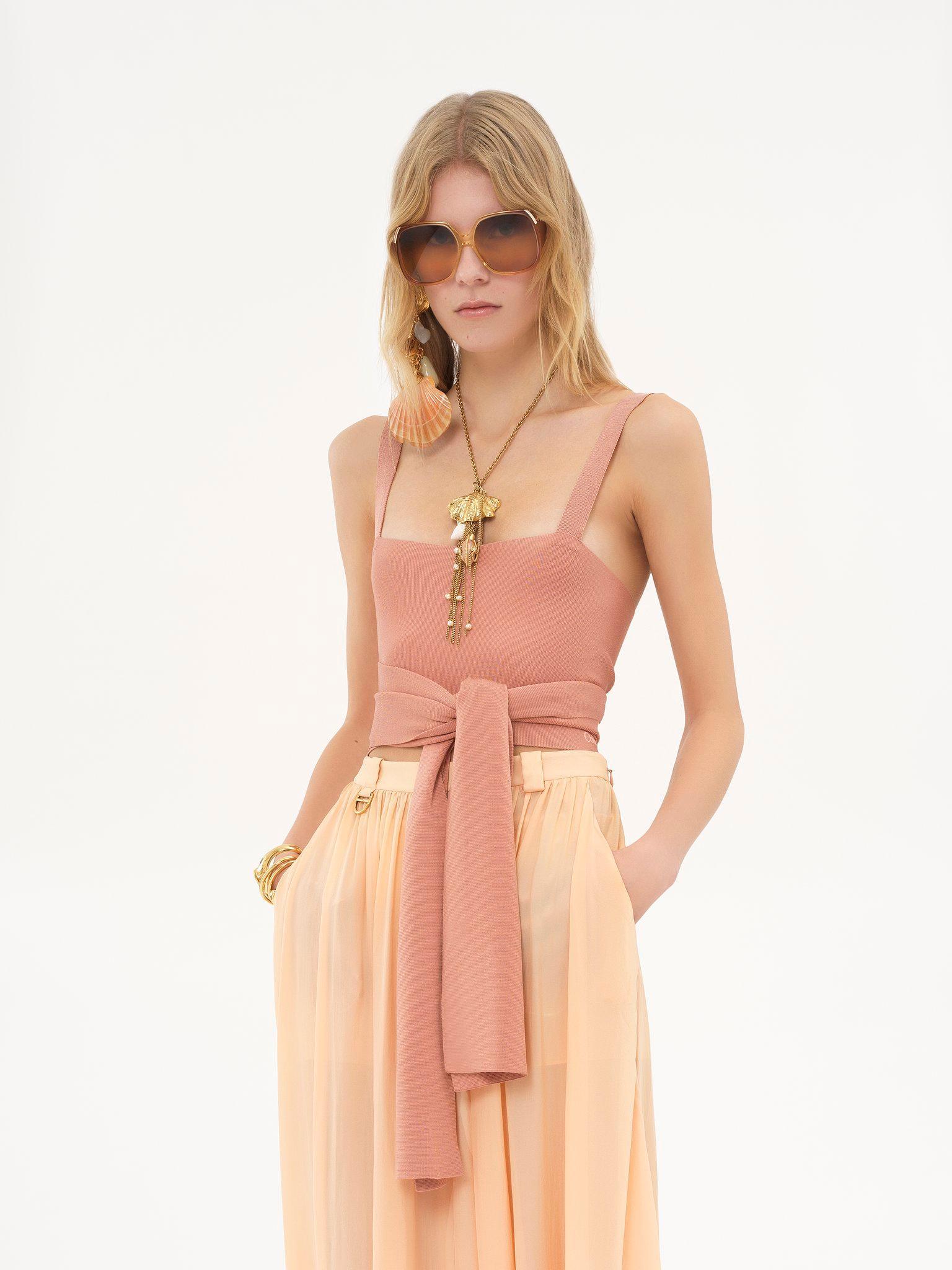 Cropped front-tie tank top in shiny viscose knit Product Image
