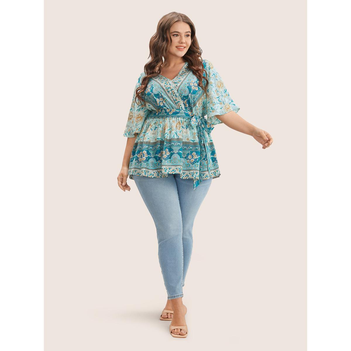 Plus Size Turquoise Floral Print Ruffles Belted Blouse Women Resort Half Sleeve V-neck Vacation Blouses BloomChic 22-24/3X Product Image