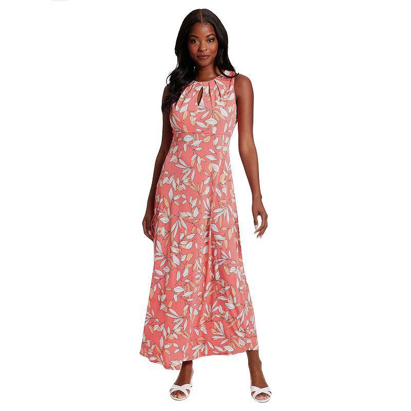 Womens London Times Falling Leaves Print Keyhole Neck Pleated Maxi Dress Pink Product Image