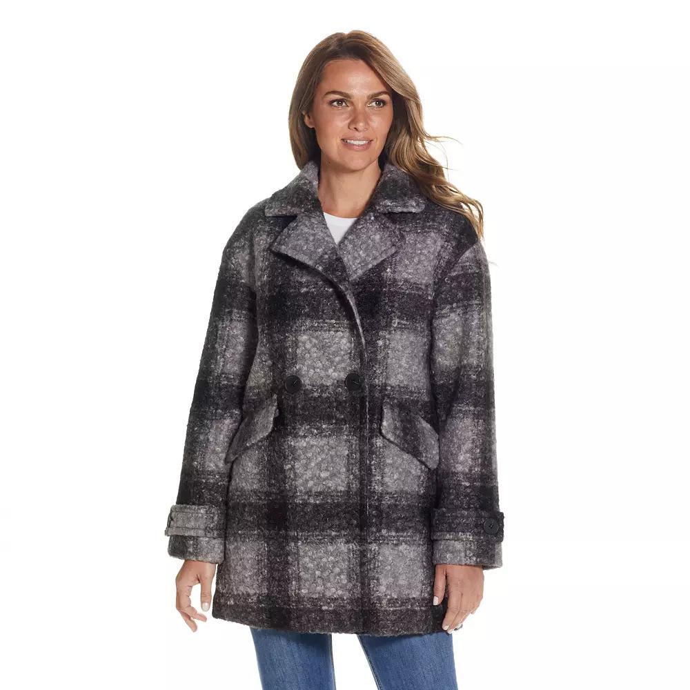 Women's Weathercast Double Breasted Boucle Peacoat, Size: Small, Black Plaid Product Image