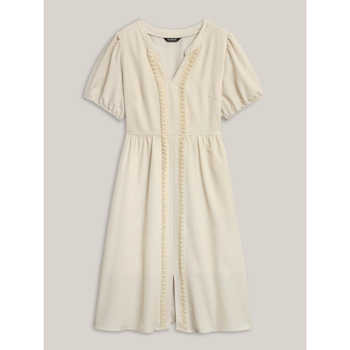 Plus Size Lace Trim Solid Pockets Midi Dress Beige Women Flat collar Short sleeve Curvy BloomChic 22-24/3X Product Image