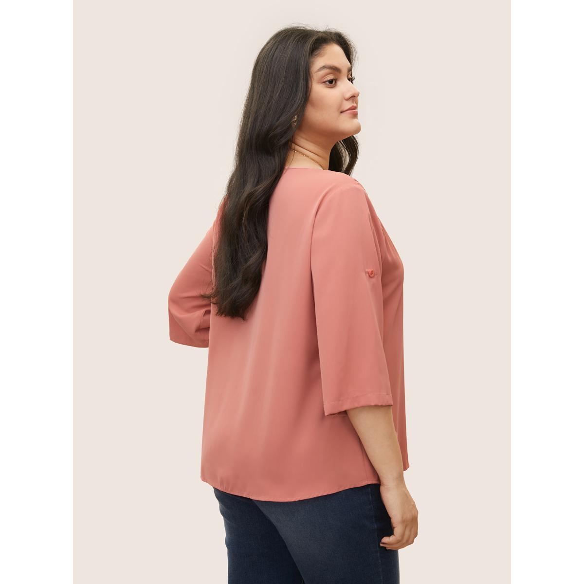 Plus Size Salmon V Neck Solid Shirred Tab Sleeve Blouse Women Work From Home Elbow-length sleeve V-neck Work Blouses BloomChic 30/6X Product Image