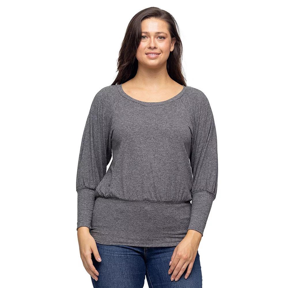 Women's 24Seven Comfort Apparel Round Neck Long Blouson Sleeve Banded Bottom Top, Size: Medium, Grey Product Image